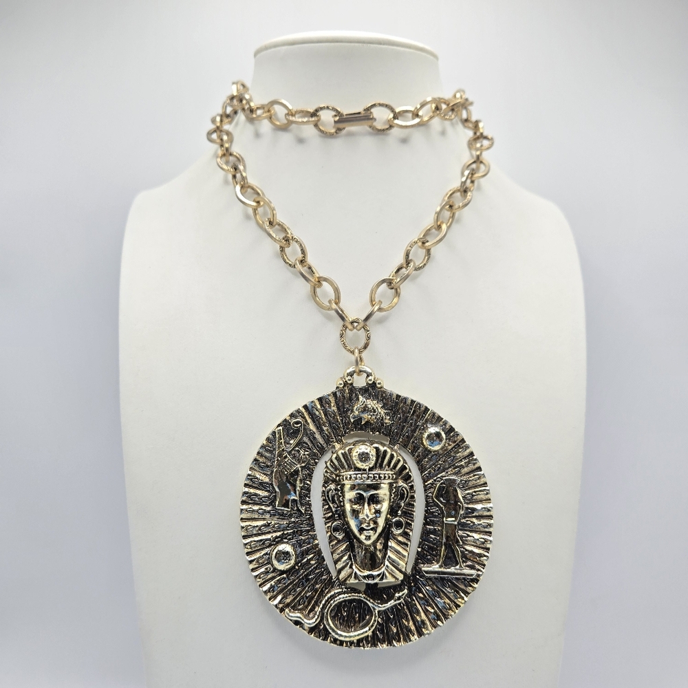 Egyptian Revival Pendant Necklace Goldtone Chunky Pharoah Statement Vintage